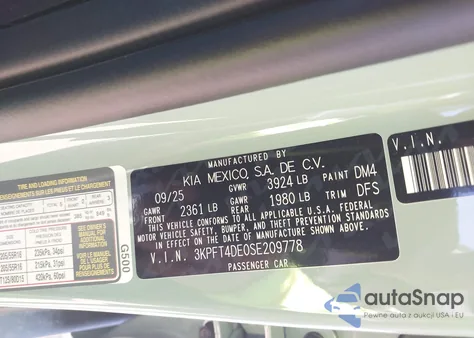 2025 Kia K4 Lxs z USA, uszkodzony, nr VIN 3KPFT4DE0SE209778